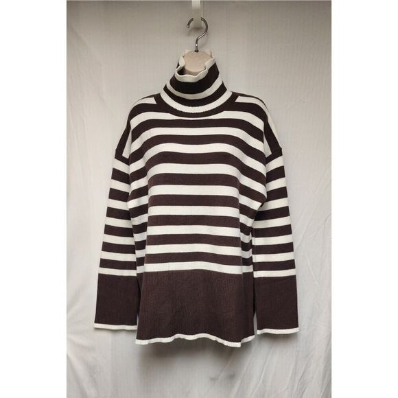 Women's Fashion Turtleneck Neck Striped Long Sleeve Brown/White Sweater Size XL - Picture 2 of 7